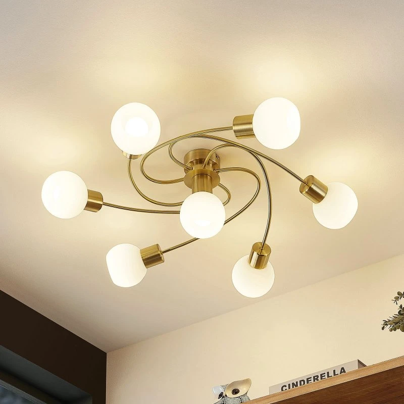 Plafonnier Lindby Ciala, Laiton et Verre Opalin, 7 Lampes