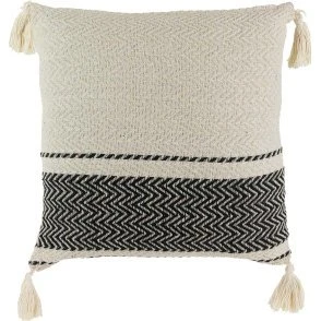 KALDIA Coussin Berbère 40x40cm Beige à Motifs Noirs avec Pompons Déhoussable