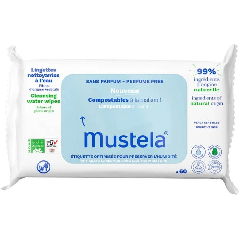 Mustela Lingettes Nettoyantes à l'Eau Compostables, 60 pièces
