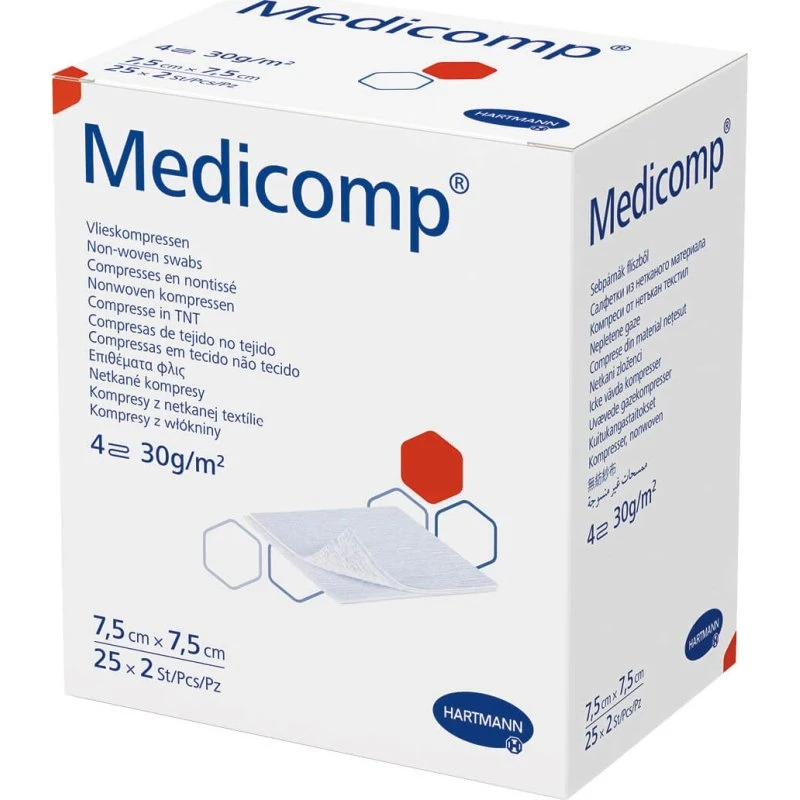 Medicomp Compresses Stériles Non-Tissées 4 Plis 7,5x7,5 cm, 50 pcs