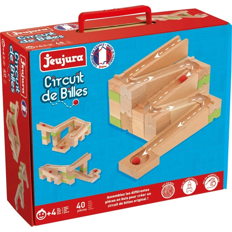 Jeujura Circuit de billes 40 pièces bois massif