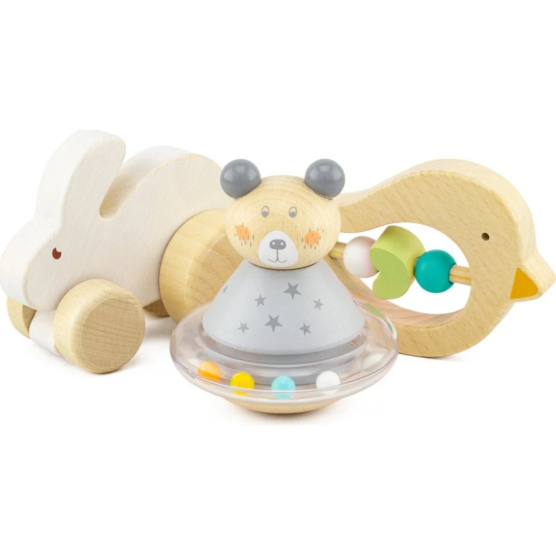 Lapin, Nounours Culbuto et Hochet en Bois - Jouets Sensoriels Premier Âge