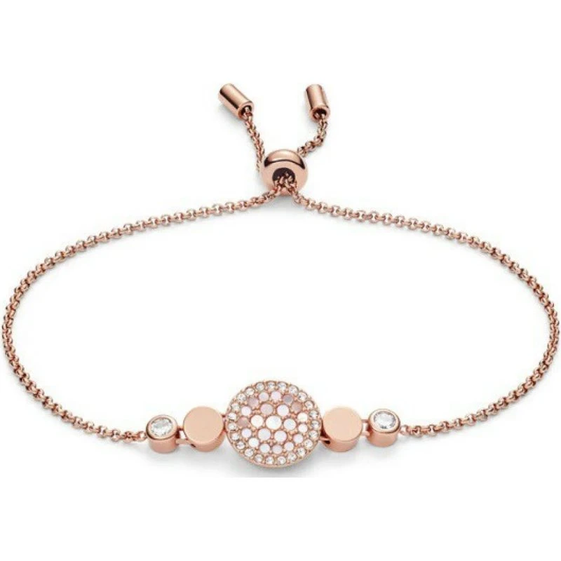 Fossil Bracelet Acier Inoxydable Doré Rose Nacre Strass