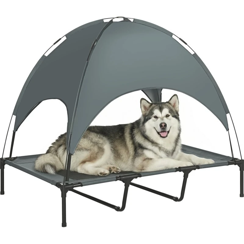 PawHut Lit Chien sur Pied avec Velum Anti-UV 122x92x108 cm Gris Noir