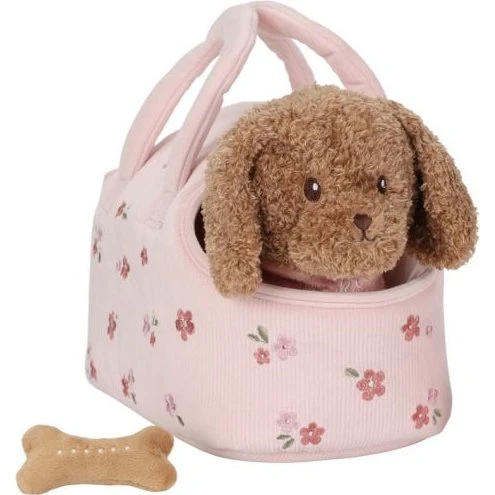 Jackie - Peluche chien avec sac de transport fleuri