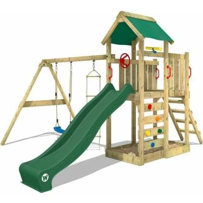 WICKEY MultiFlyer Portique Bois Vert avec Balançoire et Toboggan