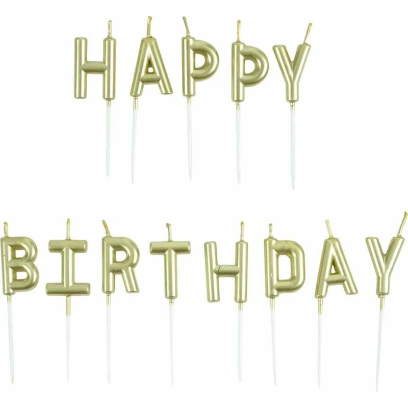Lot de 13 Bougies Happy Birthday 8cm Or