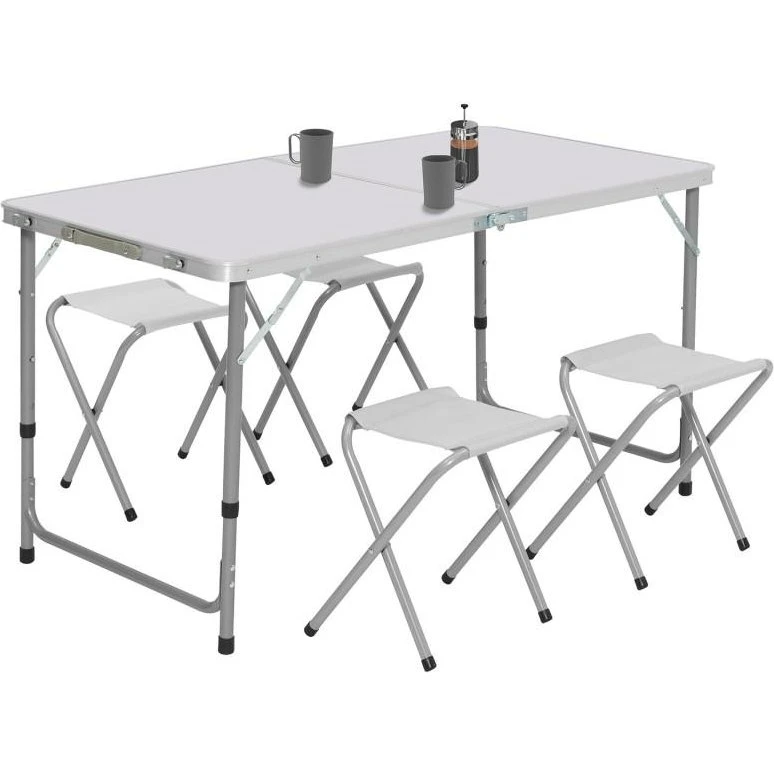 CampingPro Table pliante réglable 120 cm + 4 tabourets blanc