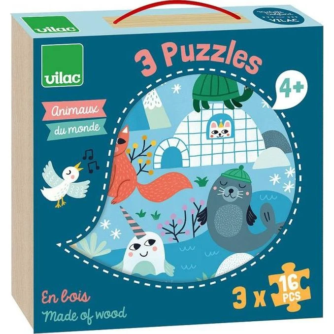 Vilac - Coffret Puzzles En Bois 3x16 Pièces Animaux du Monde