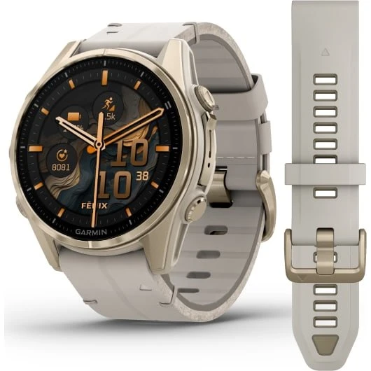 Garmin Fenix 8 43 mm AMOLED Soft Gold cuir beige + silicone