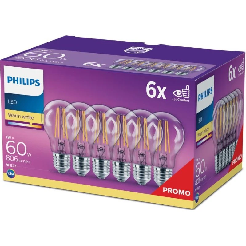 Philips Pack 6 Ampoules E27 LED 60W Blanc Chaud