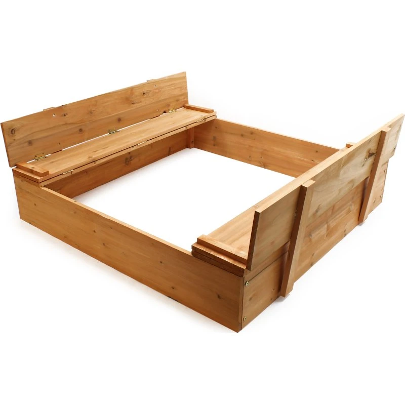 Wiltec Bac à sable en bois 98×98×18 cm – Couvercle repliable, 2 bancs