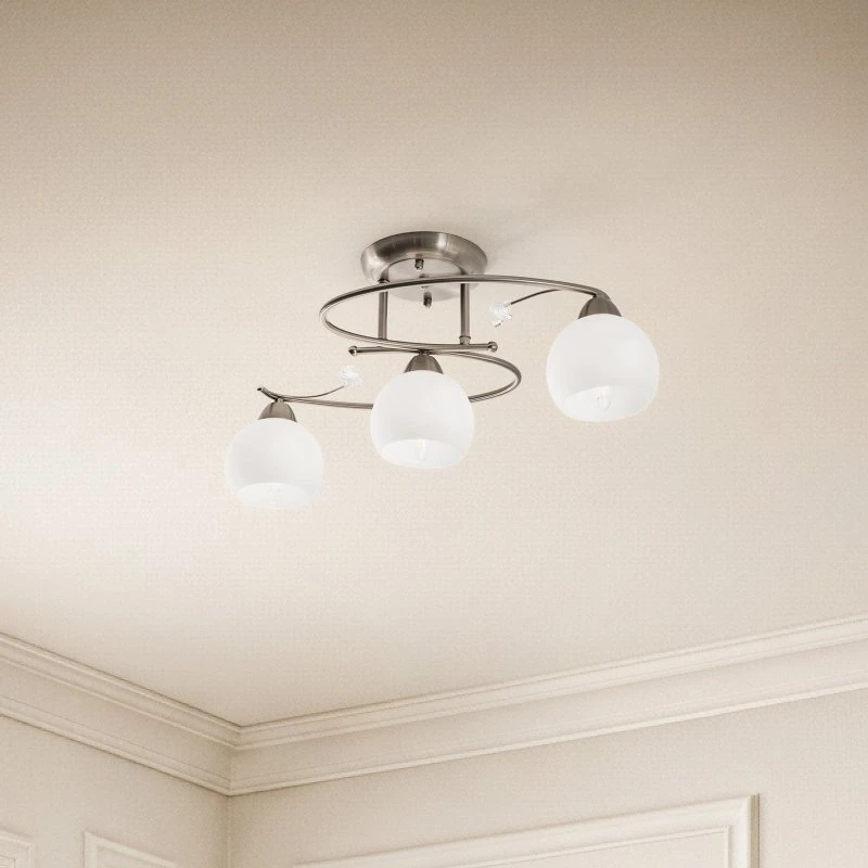 Lindby Plafonnier Svean, 3 Lampes, Verre Blanc et Nickel