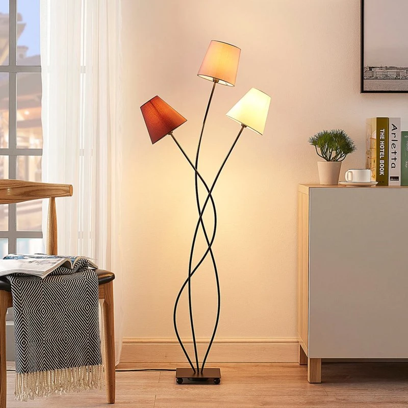 Lampadaire sur pied Lindby Melis, 3 abat-jours en tissu, beige/crème