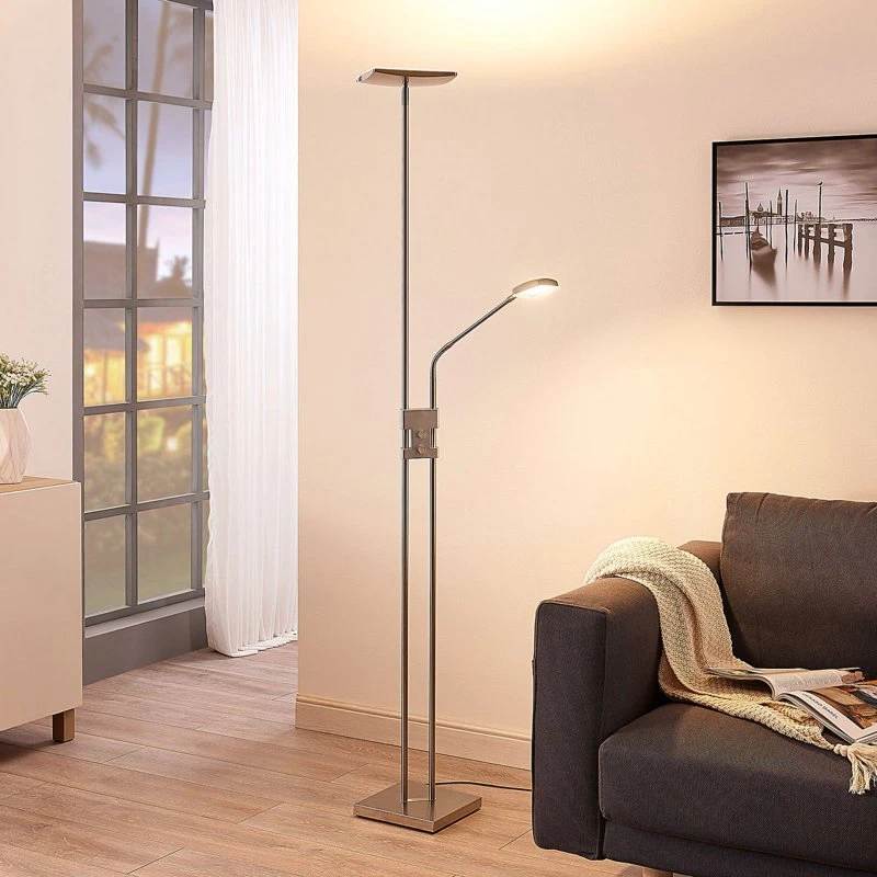 Lampadaire LED Lindby Jonne, Dimmable, Nickel Satiné