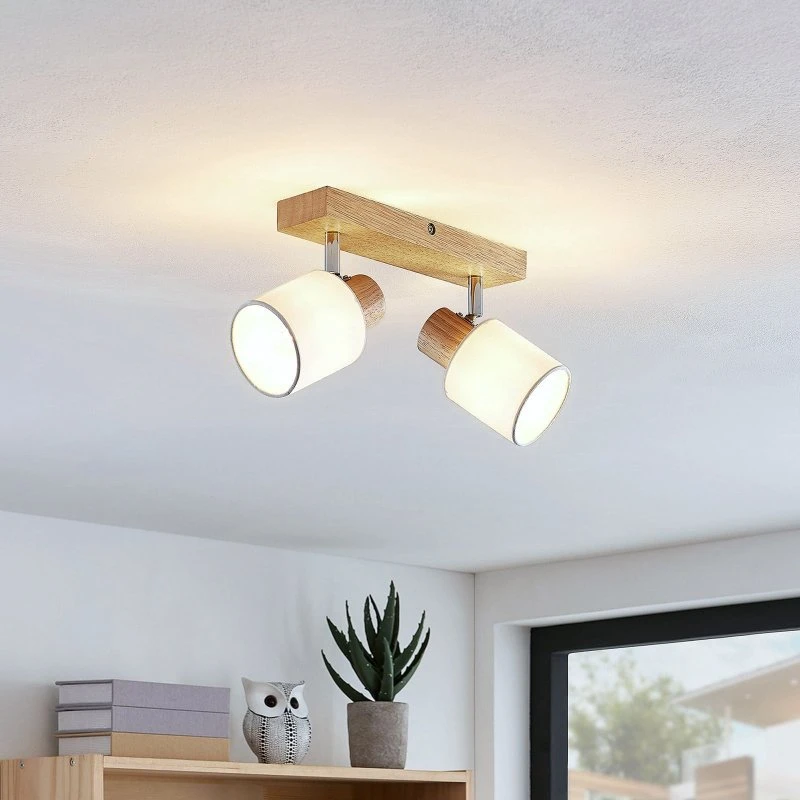 Lindby Spot Plafonnier Wanessa - 2 Lampes, Bois et Blanc, 39cm