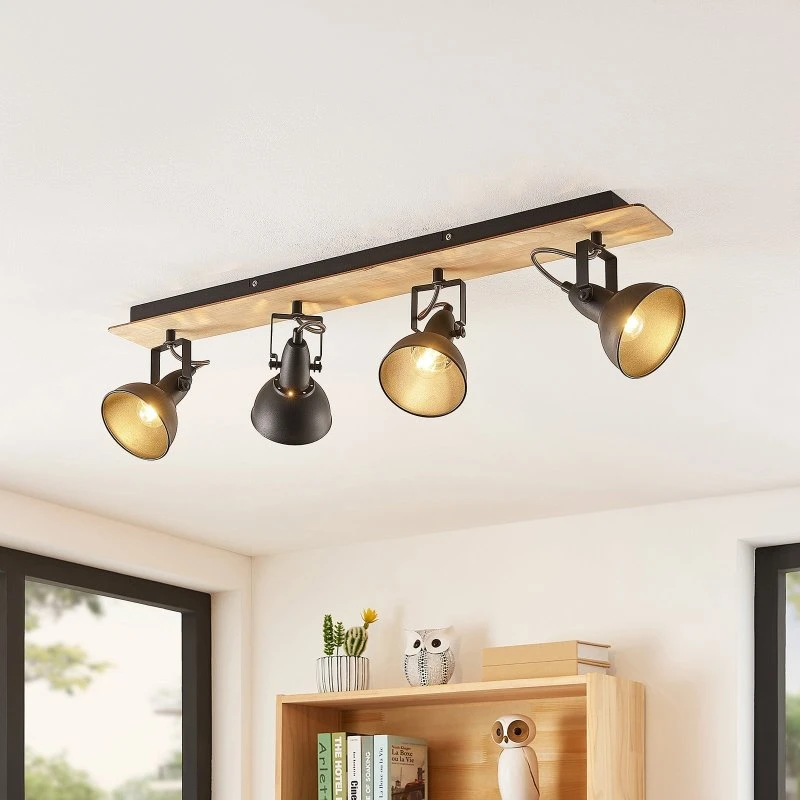 Lindby Aylis Plafonnier Industriel 4 Lampes - Noir et Bois - 82 cm