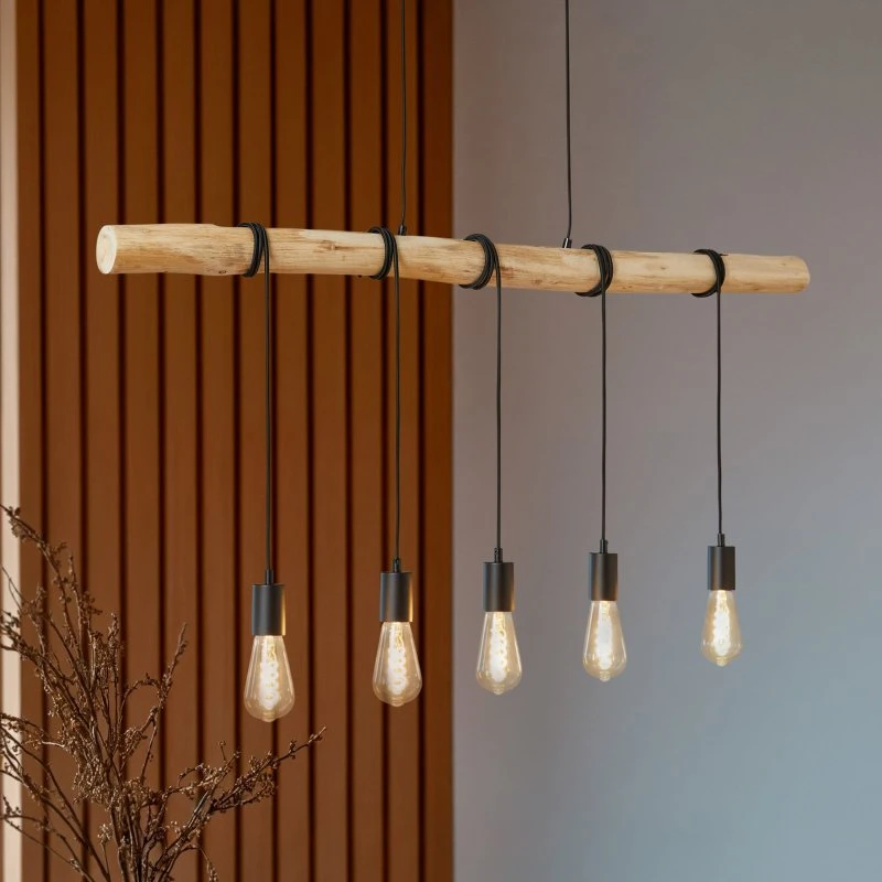 Suspension Lindby Rom, Bois Clair et Noir, 5 Lampes