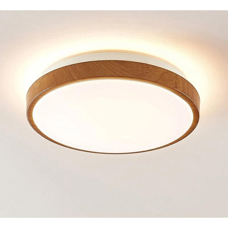 Plafonnier LED Lindby Mendosa, Bois Clair, Rond, Ø 29cm