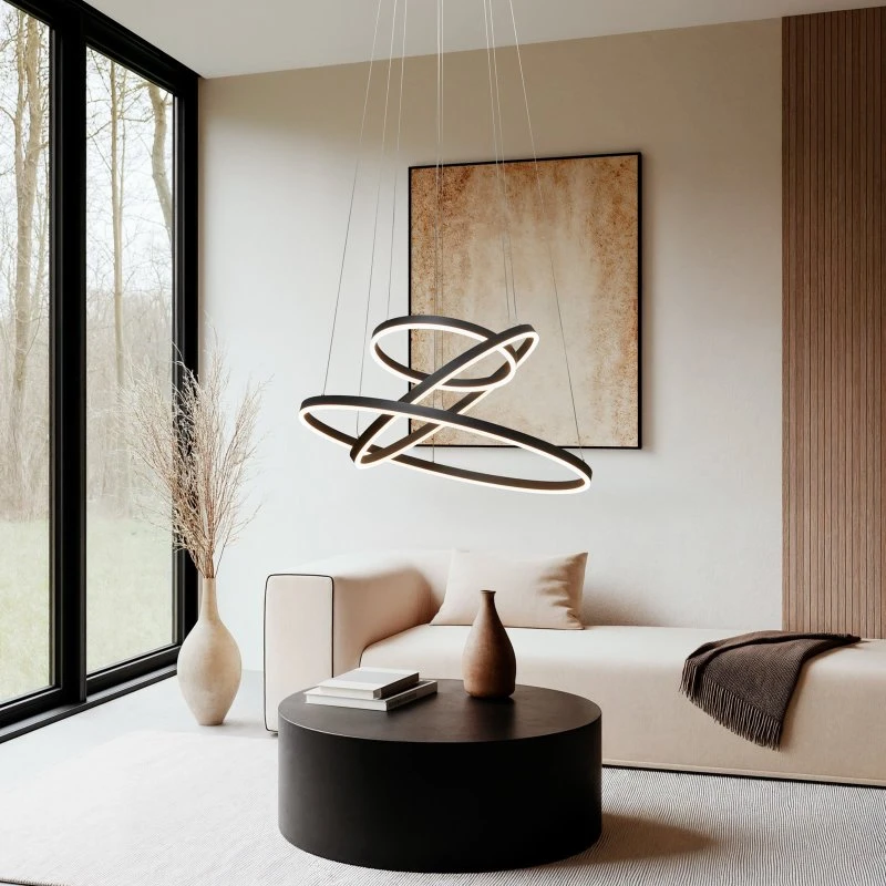 Suspension LED Albiona Arcchio, 3 anneaux, Noir, Ø 80 cm