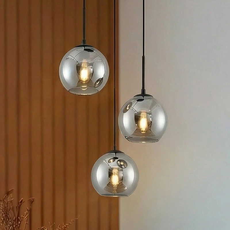 Lindby Suspension Jurian - 3 Lampes en Verre Fumée et Acier