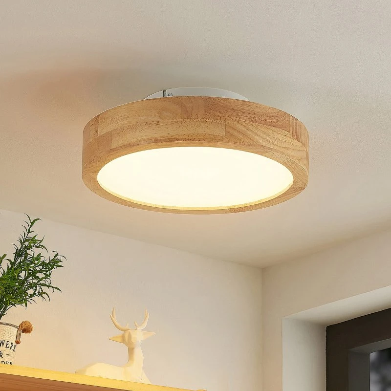 Plafonnier LED Lanira Lindby en Chêne, Dimmable, Ø30 cm