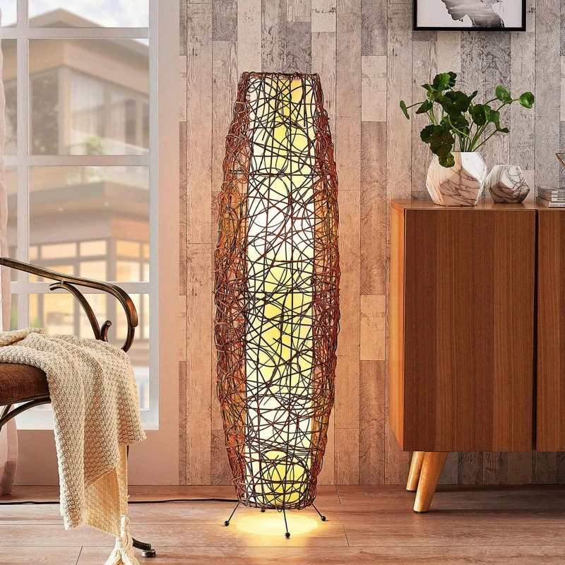 Lampadaire sur pied Lindby Nias, Rotin et Textile, Marron