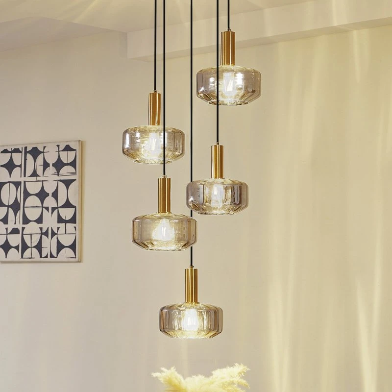 Lindby Suspension Hildur en Verre Gris Fumé et Laiton