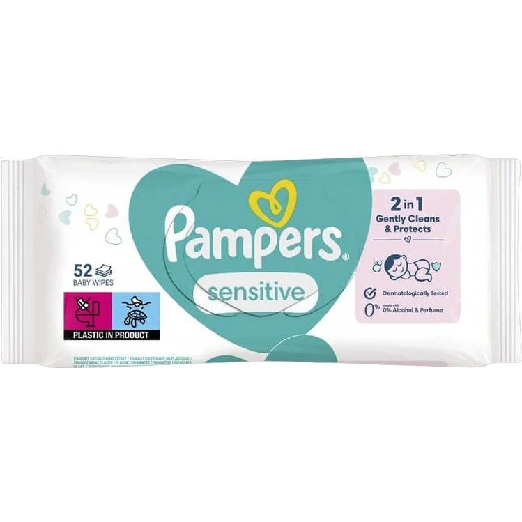 Pampers Sensitive Lingettes pour bébés, 52 pièces, 0% plastique