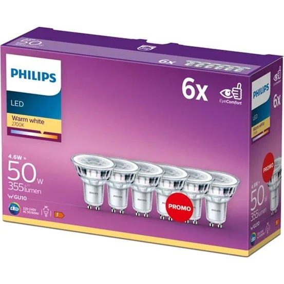 Philips LED GU10 4,6W 6 pièces 2700K Argent