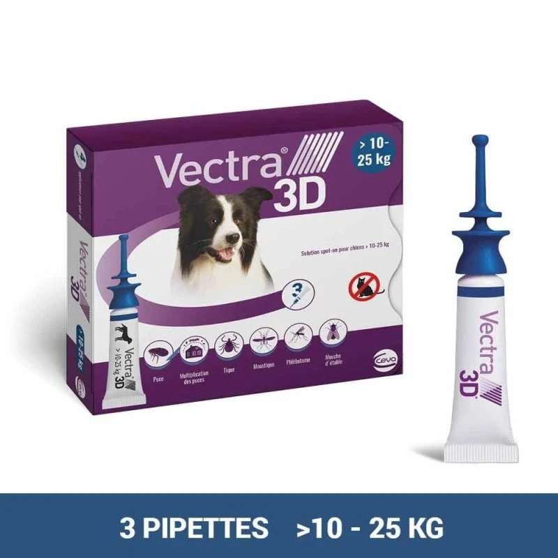 Ceva Vectra 3D Solution Spot-On pour Chiens 10-25kg, 3 Pipettes